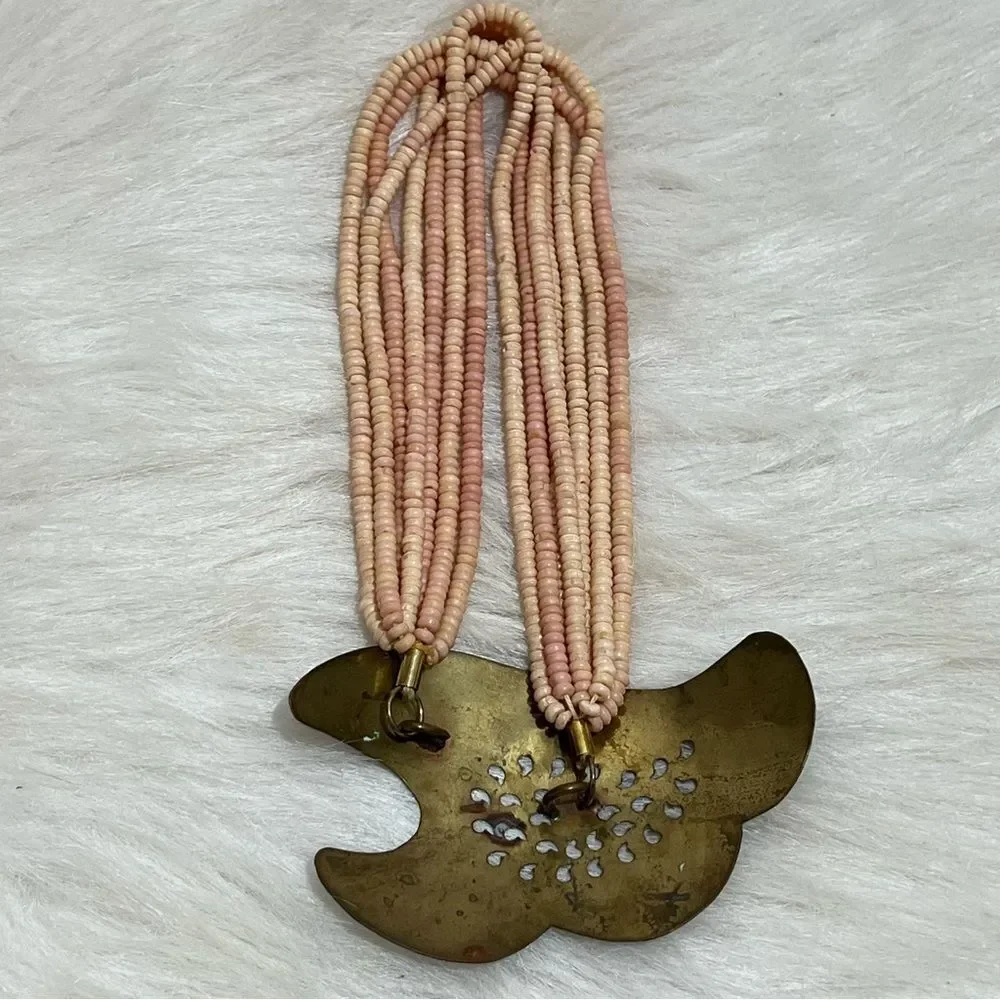 Vintage Artisan Coral Shell/Aged Brass Centerpiece Necklace --‎ OS